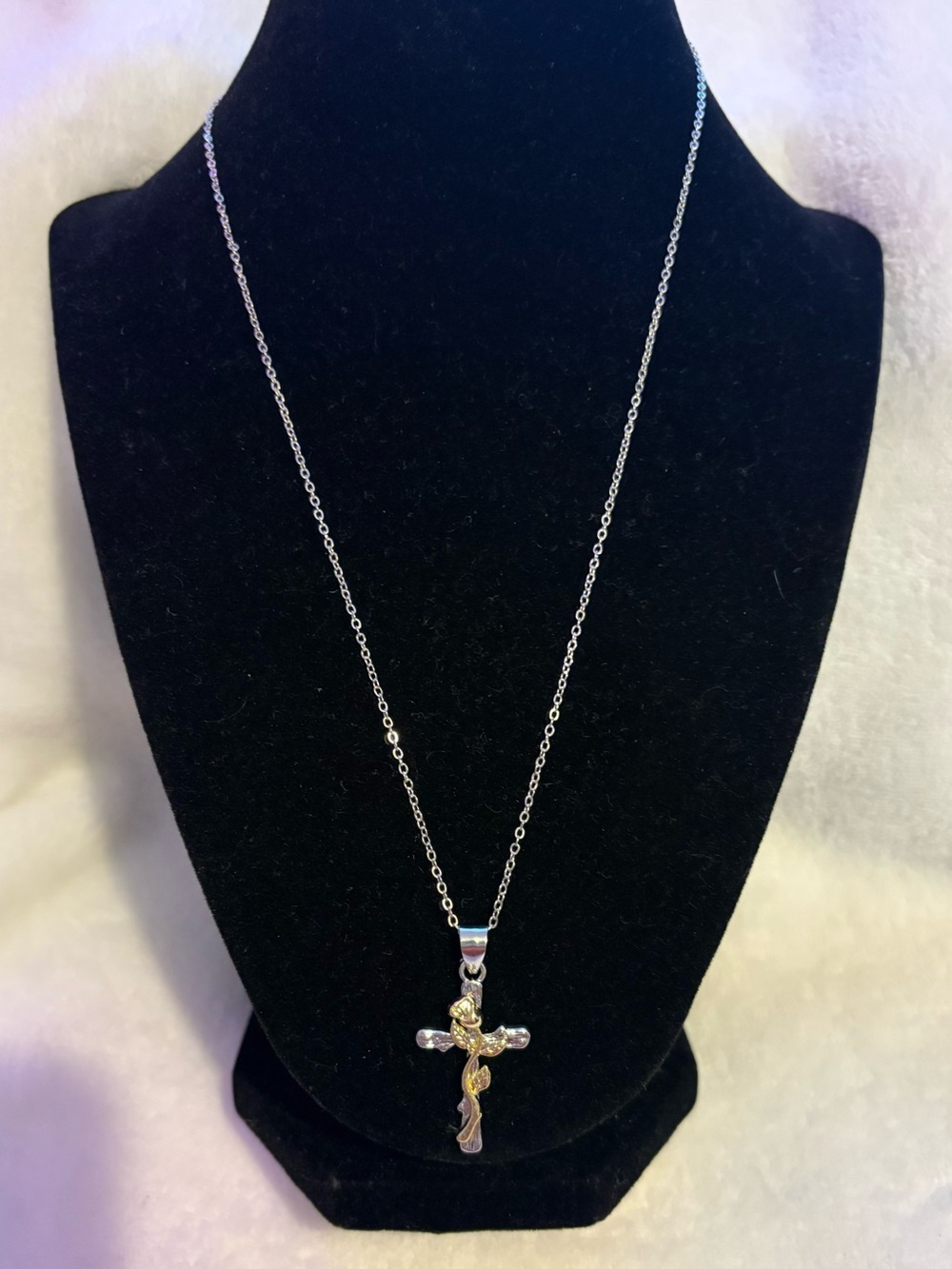 Silver Tone Cross Pendant Necklace with Gold Accents